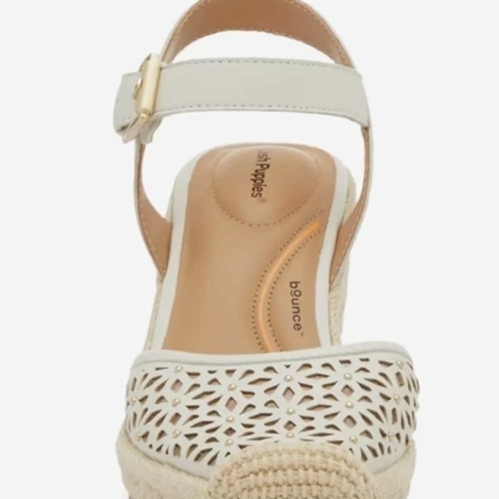 Hush Puppies Bounce Cream Espadrille Wedge Sandals Buckle Leather Cut-Out - Picture 2 of 11